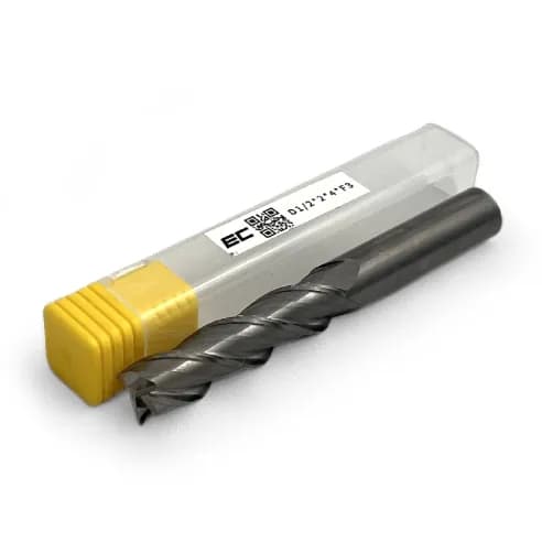 1/2 Carbide end mill, 3 flute, uncoated, 0.5 shank x 2.0 LOC, helix angle 38