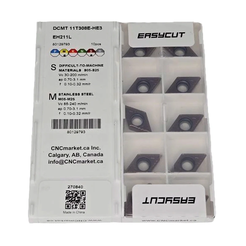 DCMT 11T308E-HE3 EH211L, ANSI: DCMT 3252, 55° Rhombic Positive Turning Insert, RE 0.8mm (0.03"), Carbide (PVD) for semi-finish turning of S Materials in good (uninterrupted) conditions