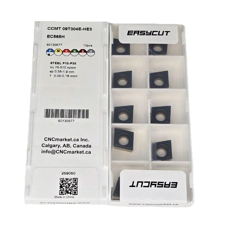 CCMT 09T304E-HE3 EC565H, ANSI: CCMT 3251, 80° Rhombic Positive Turning Insert, RE 0.4mm (0.15"), Carbide (CVD) for medium turning of P Materials in in general (medium Interrupted) conditions