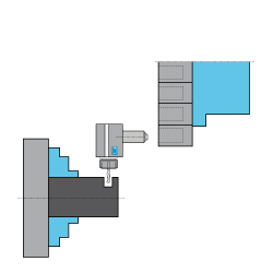 Schematic showing radial live tool block in a VDI-style turret performing side milling on a workpiece held in a jaw chuck.