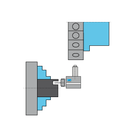 Schematic showing axial live tool block in a BMT-style CNC lathe turret aligned with jaw chuck on main spindle.
