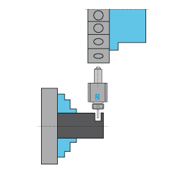 Schematic showing radial live tool block in a BMT-style turret performing side milling on a rotating workpiece.