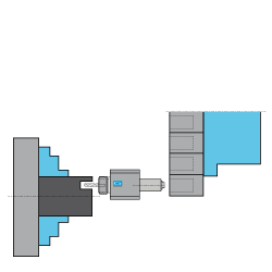Schematic showing axial live tool block in a VDI-style CNC lathe turret aligned with jaw chuck on main spindle.